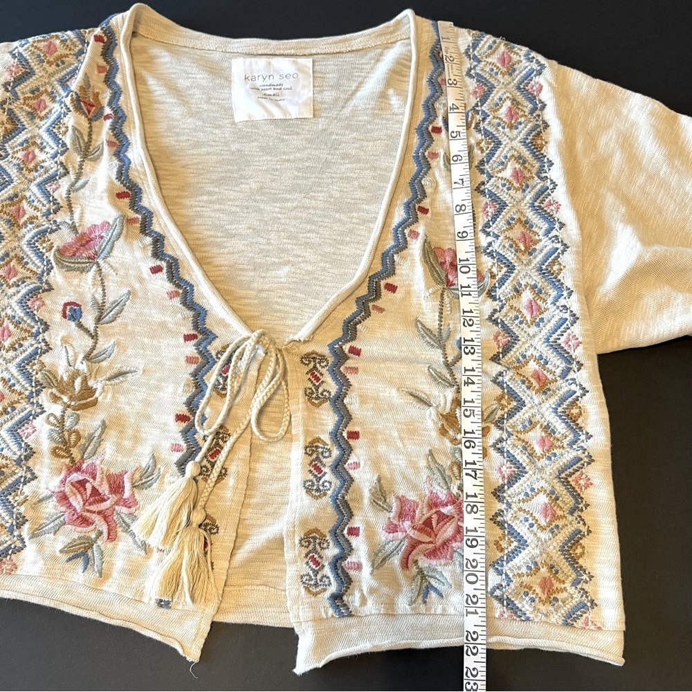 Karyn SEO Embroidered Beige kimono Cardigan Sweater, asymmetric oversized size S - Picture 8 of 15